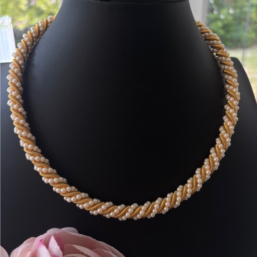 Vintage Gold Snake Skin Wire Faux Seed Pearl Wrapped Necklace
